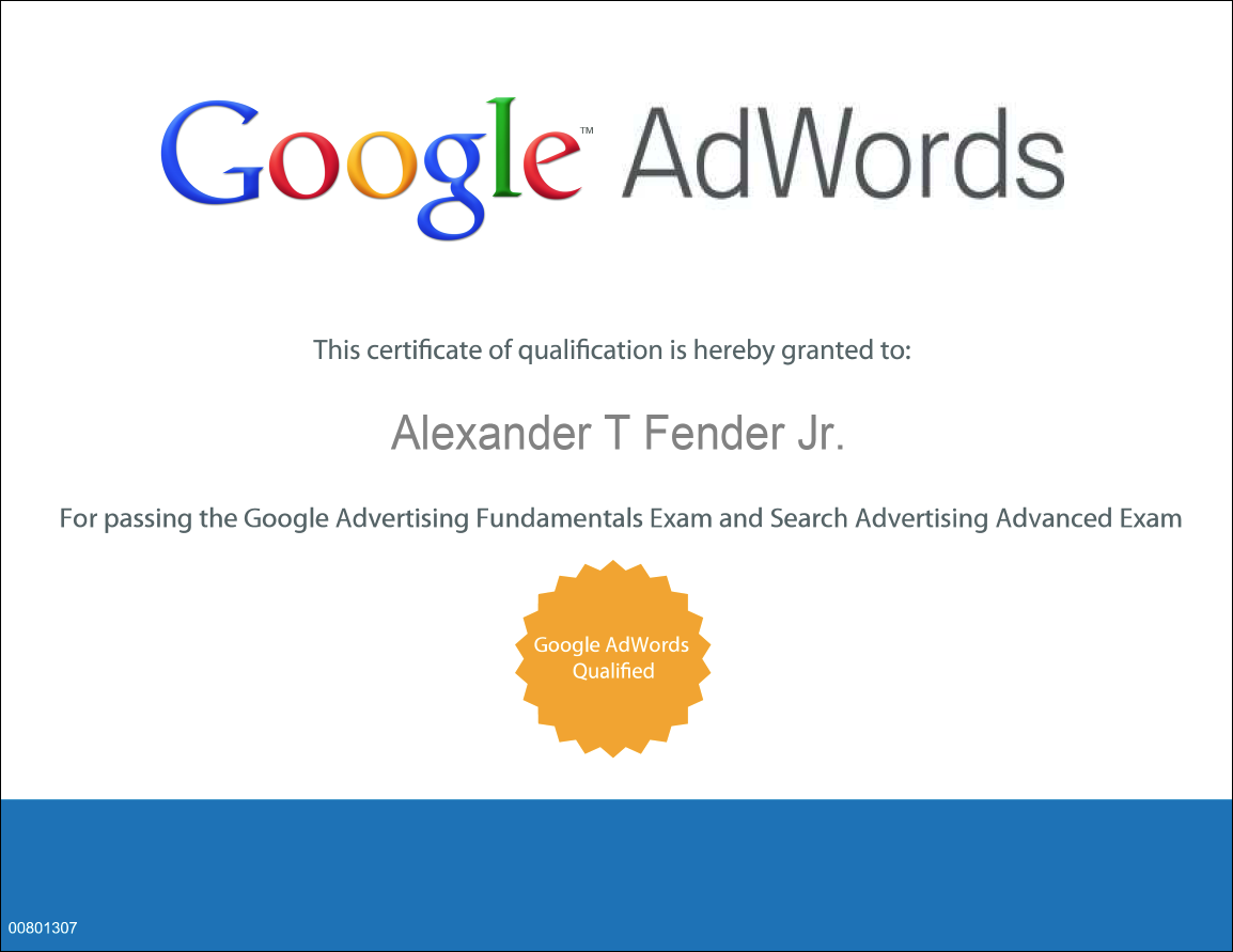 Alex Fender Google Adwords Search Advertising Certified